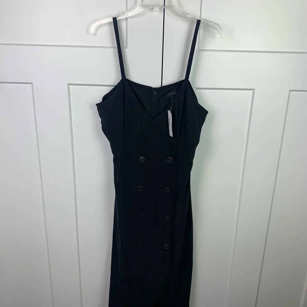 NWT J Crew 14 Double Breasted Black Strappy Japanese Cupro Midi Dress Preppy